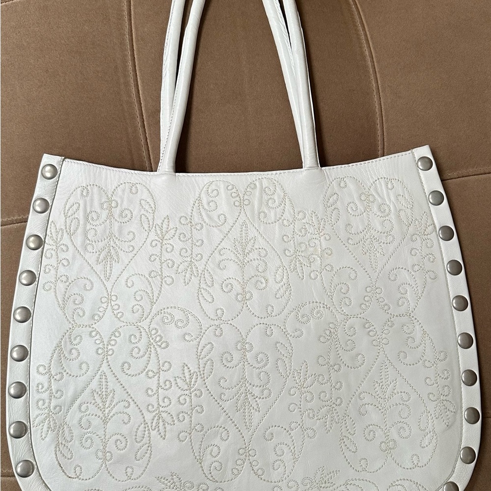 Chico's White Embroidered Tote with Silver Studs